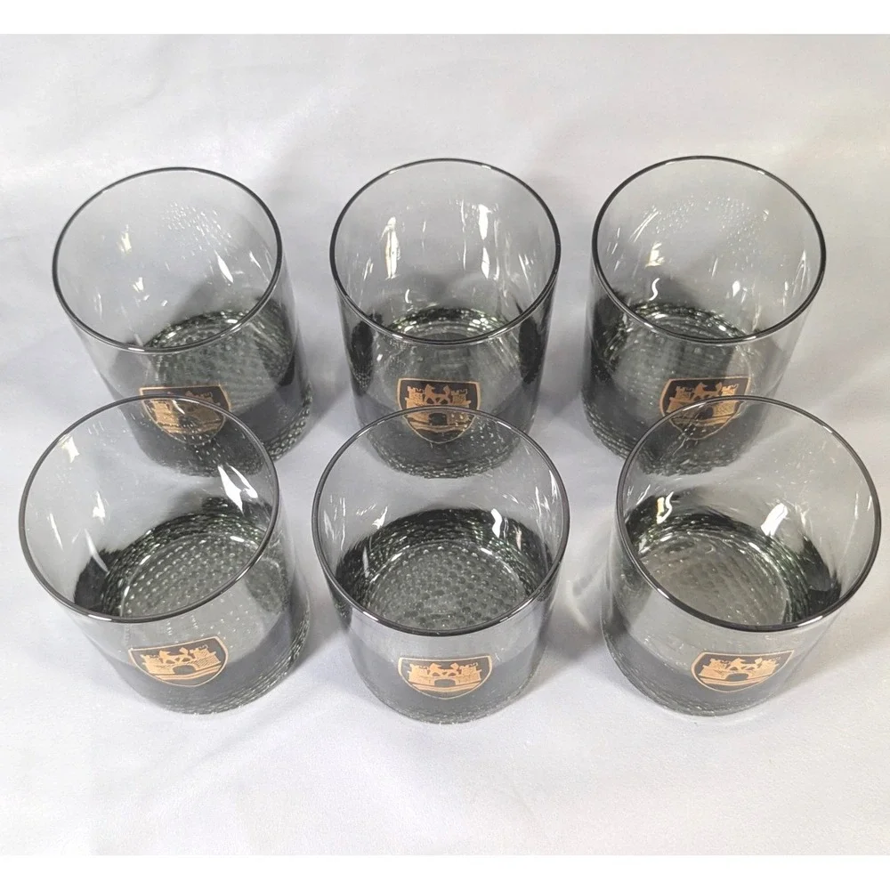 Vintage Smoky Gray Rocks Glasses Set of 6 Gold Heraldic Crest Hobnail Base 4in